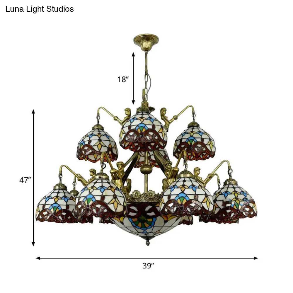 ثريا بنية اللون بتصميم حورية البحر مع قبة زجاجية تيفاني لغرفة المعيشة - 15 مصباحًا