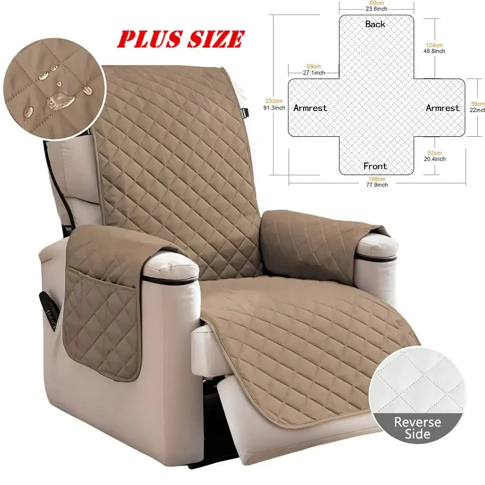 Beige quilted plus-size recliner chair cover with diamond stitching made of water-resistant fabric for living room protection