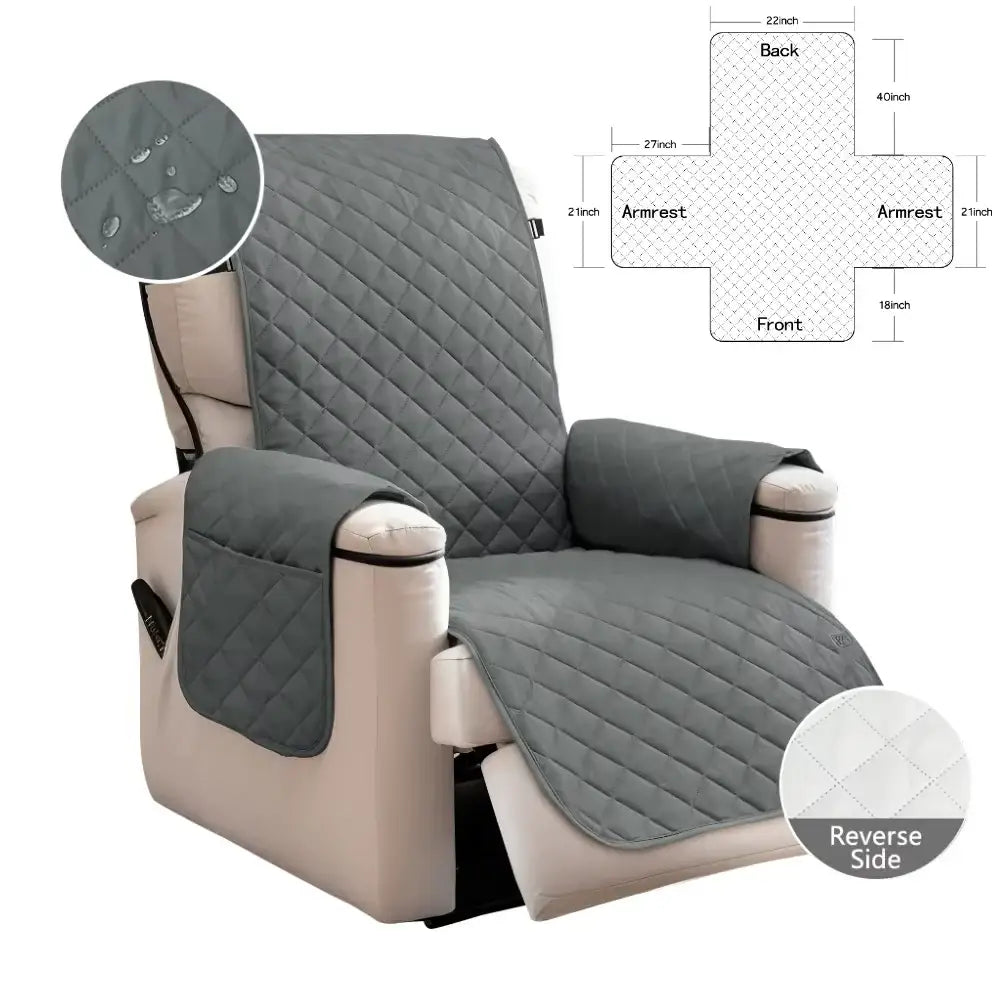 Gray quilted waterproof recliner chair cover with water-resistant fabric and white reverse side for living room use