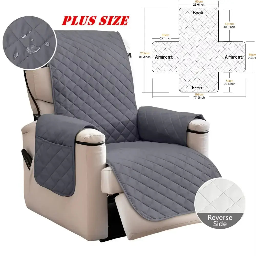 Gray quilted plus-size recliner chair cover with water-resistant fabric shown with reverse side for living room use