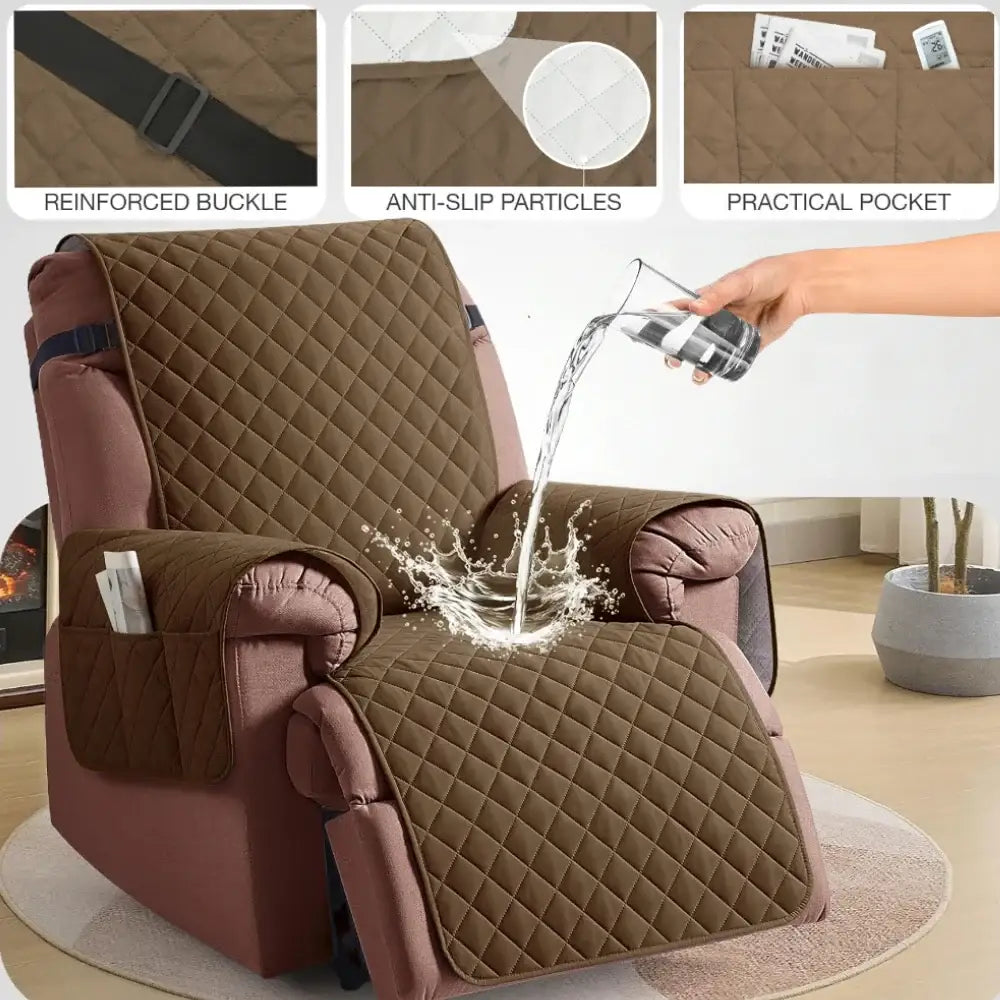 Brown quilted waterproof recliner cover with reinforced buckle anti-slip particles and a practical pocket for living room use