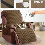 Brown quilted waterproof recliner cover with reinforced buckle anti-slip particles and a practical pocket for living room use