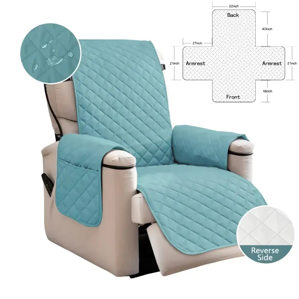 Teal quilted fabric chair cover with diamond-stitched pattern and water-resistant properties for recliner protection
