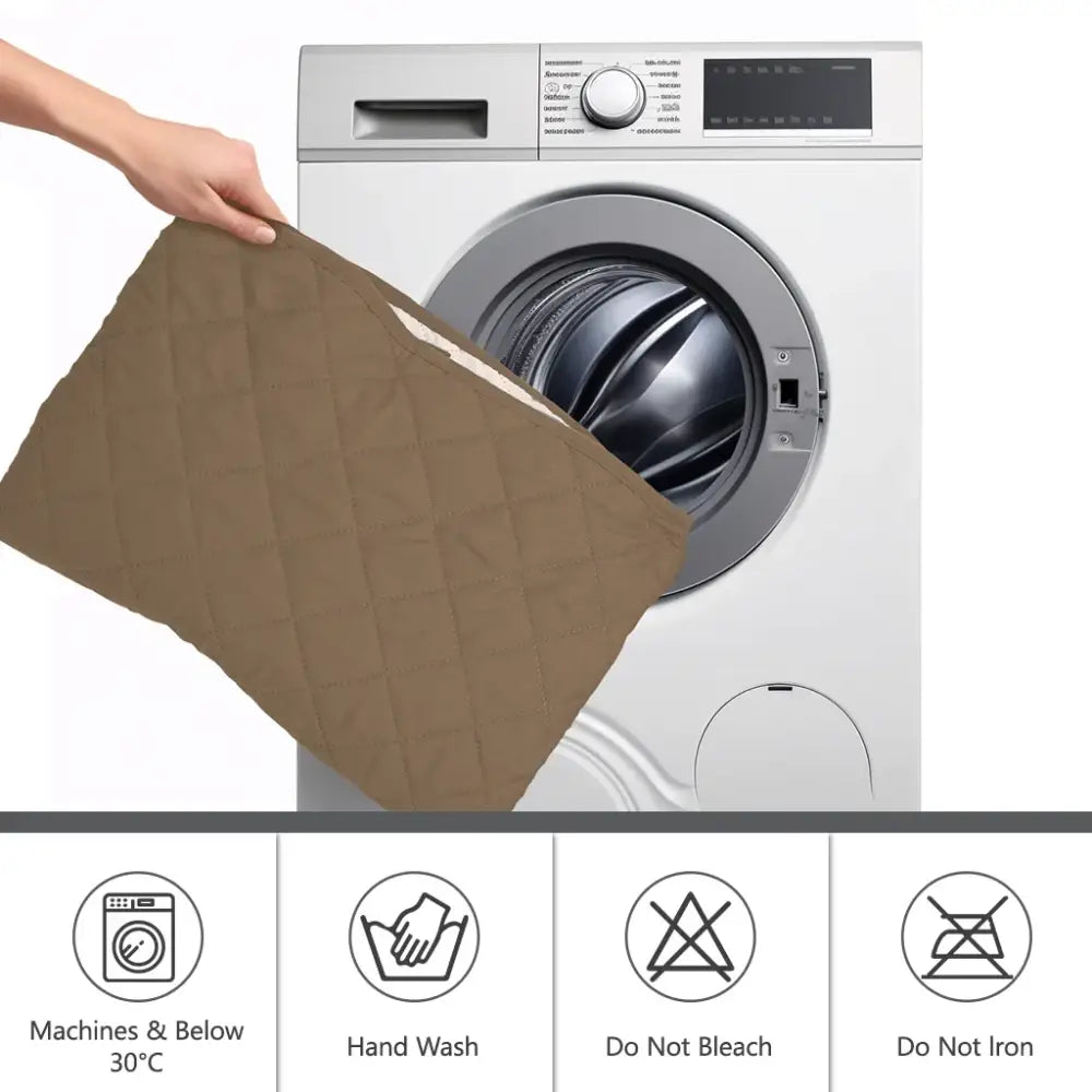 Brown quilted waterproof recliner cover with visible inner lining designed for machine washing up to 30°c
