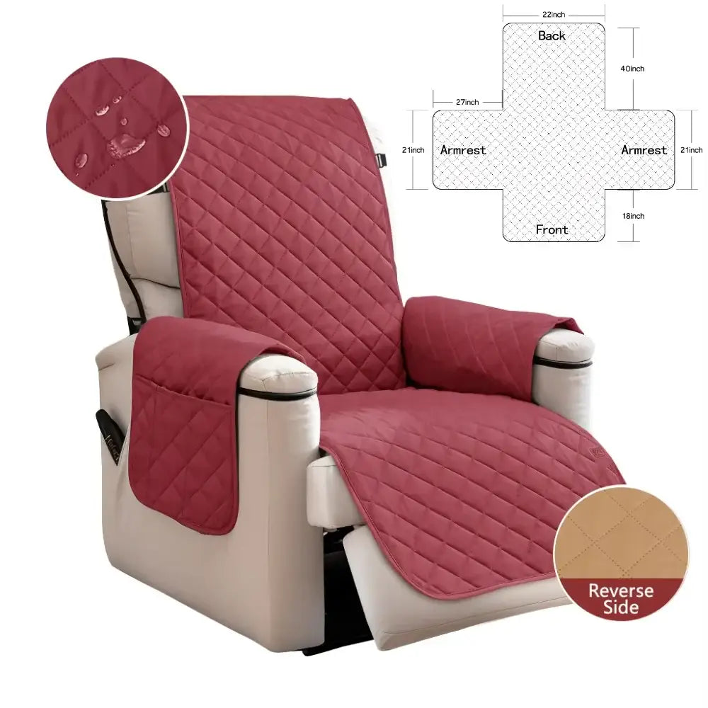 Red quilted chair cover with diamond stitch pattern and black trim for nonslip living room recliner protection