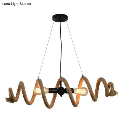 DecorBites™ Brown Rope-Wrapped Helix Island Pendant: Farmhouse Edition - 2 Heads, Ideal for Restaurants and Ceilings