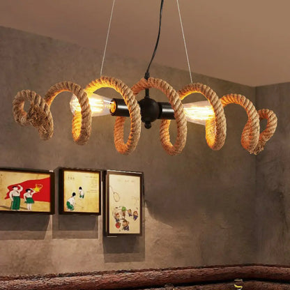 DecorBites™ Brown Rope-Wrapped Helix Island Pendant: Farmhouse Edition - 2 Heads, Ideal for Restaurants and Ceilings