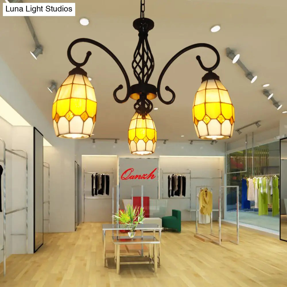 ثريا بيضاوية من الزجاج الملون باللون البني - مصباح تيفاني معلق بثلاث مصابيح لغرفة المعيشة