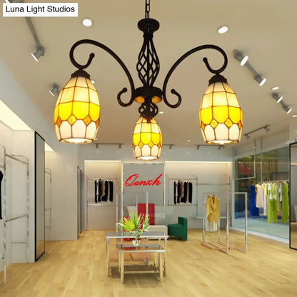 ثريا بيضاوية من الزجاج الملون باللون البني - مصباح تيفاني معلق بثلاث مصابيح لغرفة المعيشة