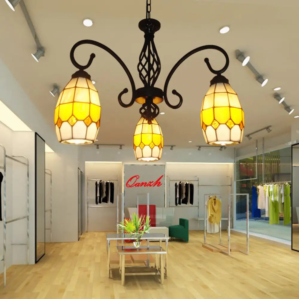 ثريا بيضاوية من الزجاج الملون باللون البني - مصباح تيفاني معلق بثلاث مصابيح لغرفة المعيشة