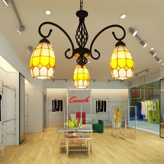 ثريا بيضاوية من الزجاج الملون باللون البني - مصباح تيفاني معلق بثلاث مصابيح لغرفة المعيشة