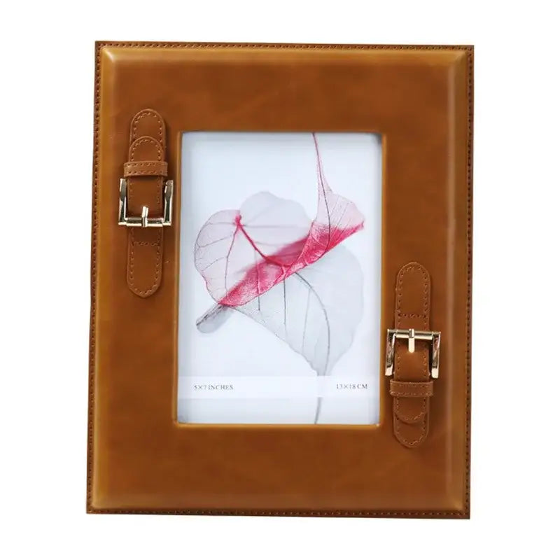 Brown weave leather photo frame with gold-tone buckle accents for bedroom decor