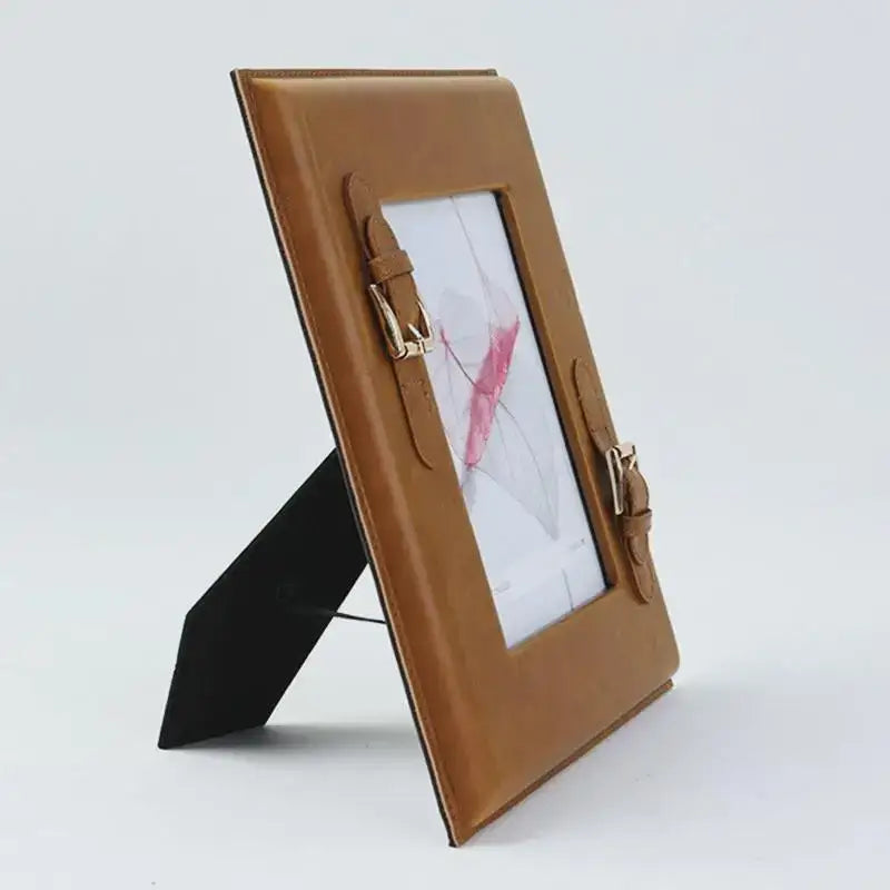 Brown weave leather photo frame with tan leather and gold belt buckle design for bedroom decor