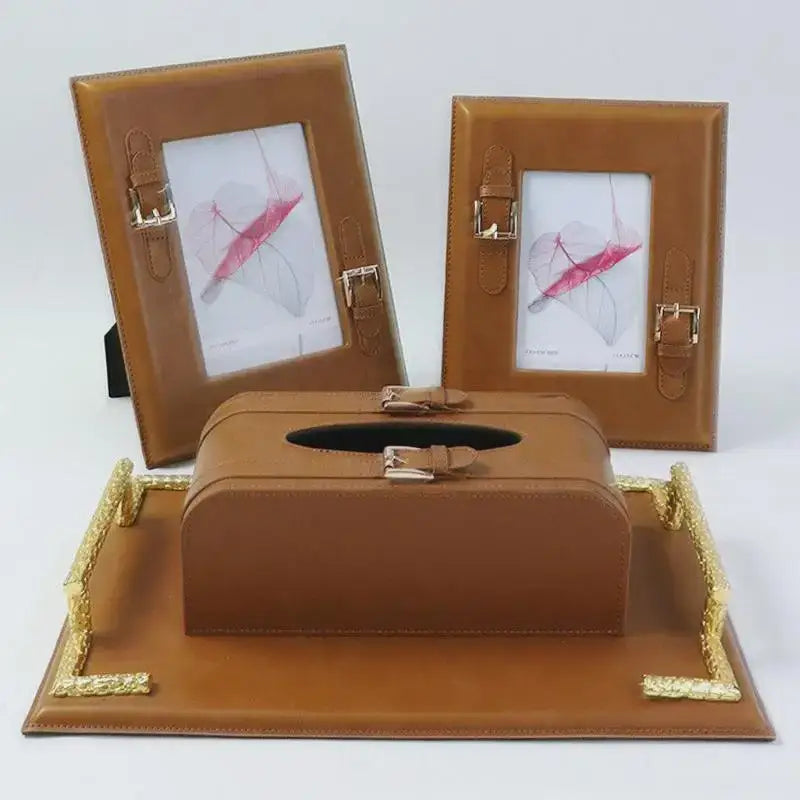 Brown weave leather tissue box with gold-tone buckle and matching tray for elegant bedroom decor
