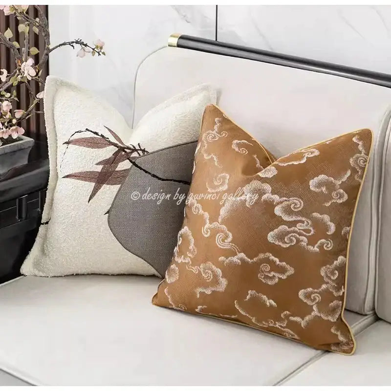 Brown and white auspicious clouds jacquard pillow cover featuring embroidered white cloud patterns for living room use