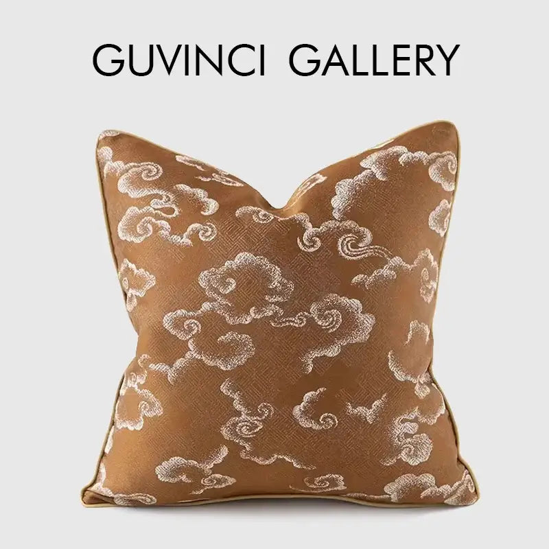 Brown and white auspicious clouds jacquard pillow cover with embroidered cloud pattern for living room decor