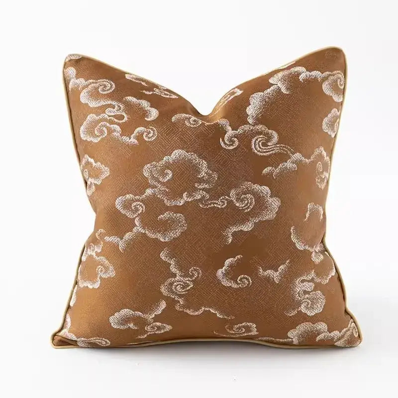 Brown pillow cover featuring embroidered white auspicious clouds jacquard pattern for living room decor