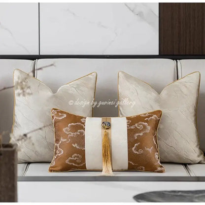 Brown and white auspicious clouds jacquard pillow cover with rectangular embroidery and gold tassel for living room decor