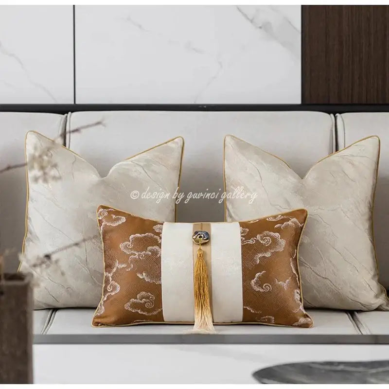 Brown and white auspicious clouds jacquard pillow cover with rectangular embroidery and gold tassel for living room decor