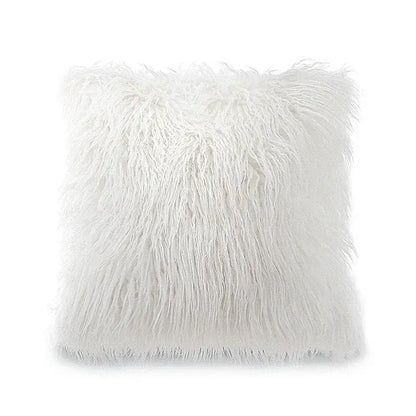 White plush faux fur throw pillow with long soft strands and frayed edge for brown and white geometric embroidery plush cushion cover decorbites