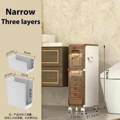 Brown and white multi-layer crevice storage rack bathroom organizer with white and translucent brown layers and gold-tone handles