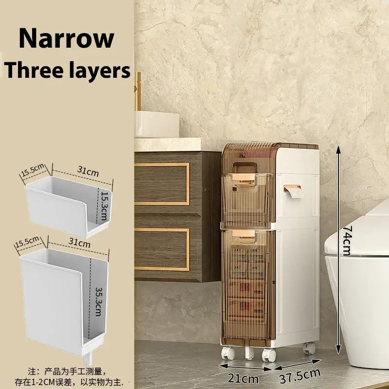 Brown and white multi-layer crevice storage rack bathroom organizer with white and translucent brown layers and gold-tone handles