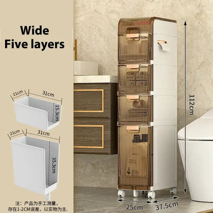 Brown and white multi-layer crevice storage rack with gold handles and wheels by decorbites crevice storage for bathroom organization