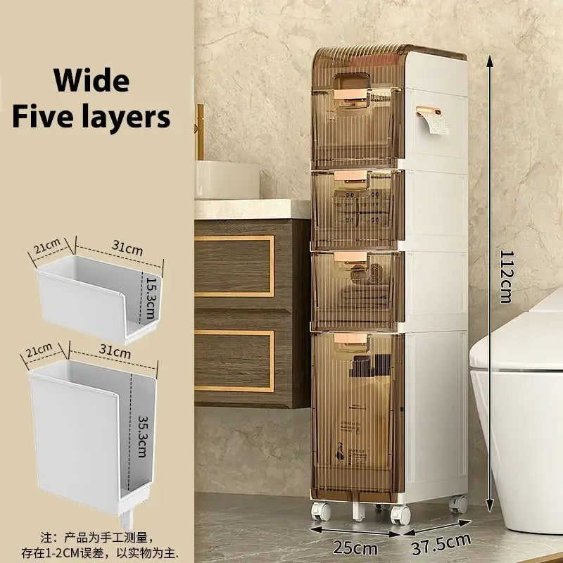 Brown and white multi-layer crevice storage rack with gold handles and wheels by decorbites crevice storage for bathroom organization