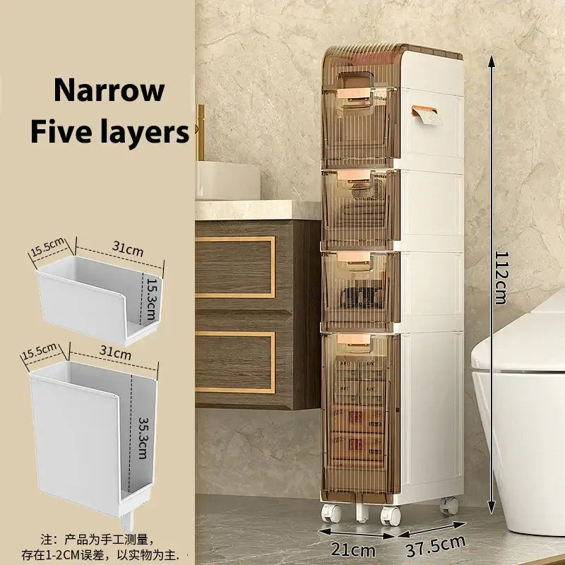 Brown and white five-layer stackable crevice storage rack with gold-tone handles and wheels by decorbites crevice storage