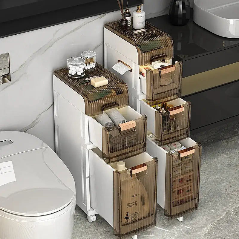 Brown and white multi-layer crevice storage rack with wooden handles for bathroom organizer by decorbites crevice storage