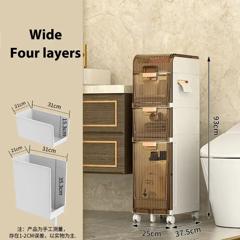 Brown and white multi-layer crevice storage rack with translucent drawers on wheels for bathroom decorbites crevice storage