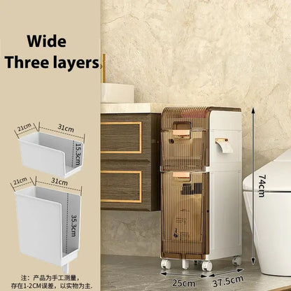 Brown and white three-layer rolling trash can with wooden accents for decorbites crevice storage bathroom organizer