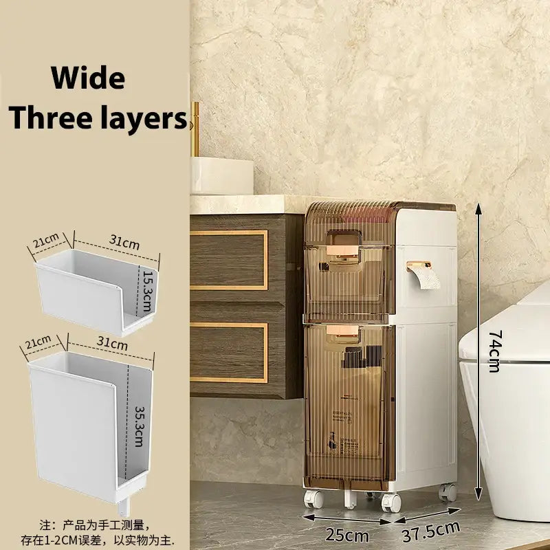 Brown and white three-layer rolling trash can with wooden accents for decorbites crevice storage bathroom organizer