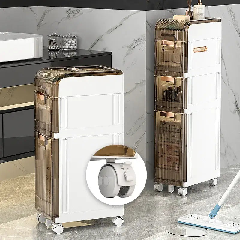 White and gold multi-tiered rolling storage cart with transparent drawers for bathroom organizer decorbites crevice storage rack