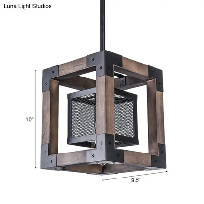 Brown Wire Mesh Pendant Light - Industrial Metal Hanging Lamp with Square Shade - Perfect for Living Room - One Bulb