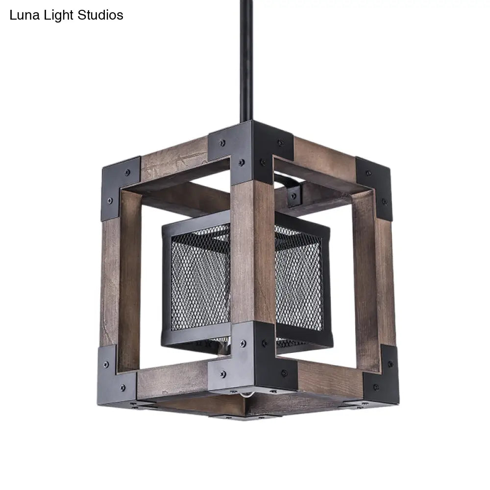 Brown Wire Mesh Pendant Light - Industrial Metal Hanging Lamp with Square Shade - Perfect for Living Room - One Bulb