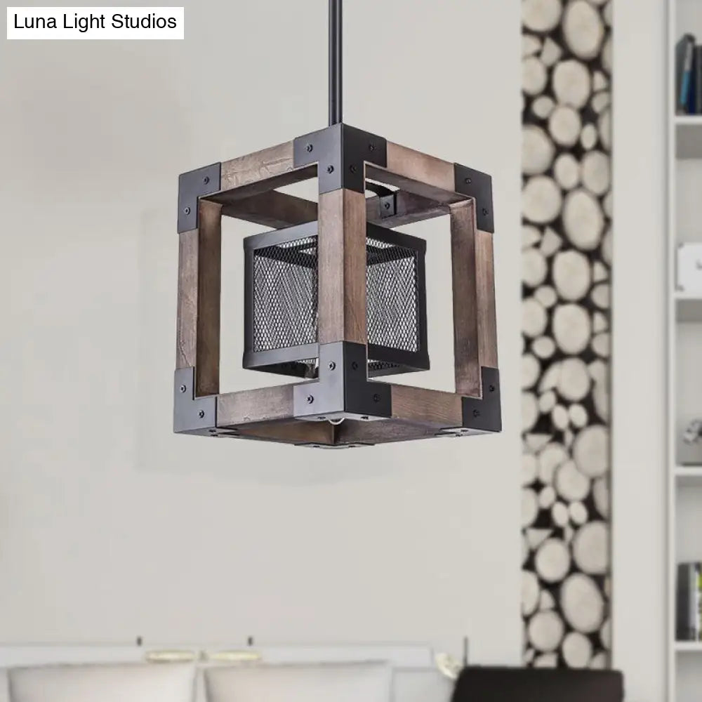 Brown Wire Mesh Pendant Light - Industrial Metal Hanging Lamp with Square Shade - Perfect for Living Room - One Bulb