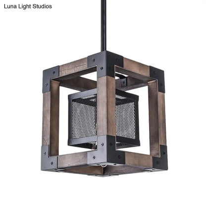 Brown Wire Mesh Pendant Light - Industrial Metal Hanging Lamp with Square Shade - Perfect for Living Room - One Bulb