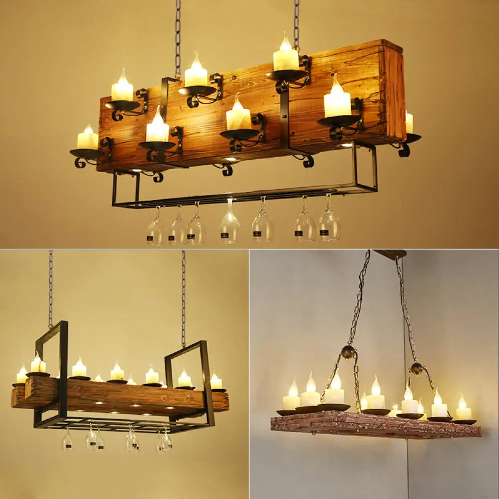 DecorBites™ Brown Wood Candelabra Pendant Light for Dining Room - Island Hanging Lamp Kit