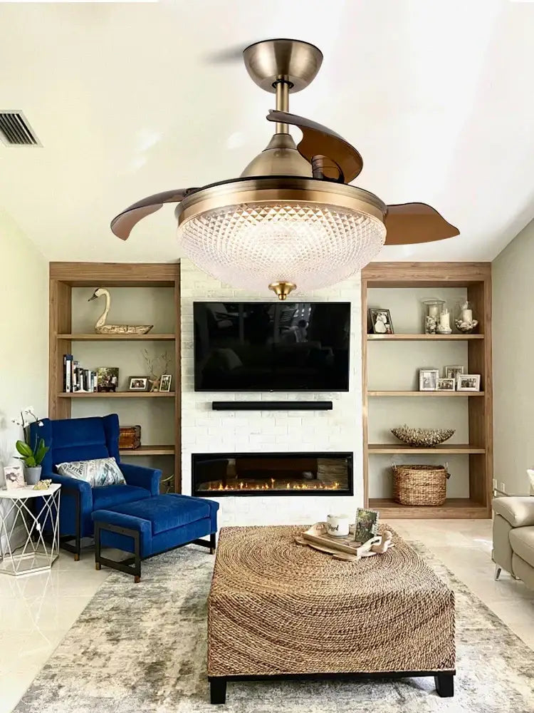 Brushed copper led ceiling fan with remote control featuring brass and glass design and wooden blades for living room decorbites