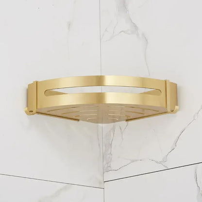Brushed gold aluminum 2 tier corner shower shelf with hooks featuring a sleek design and slatted base by decorbites