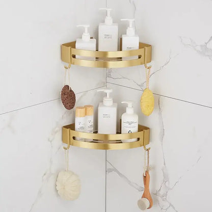 Brushed gold aluminum two tier corner shower shelf with hooks for bathroom organization by decorbites