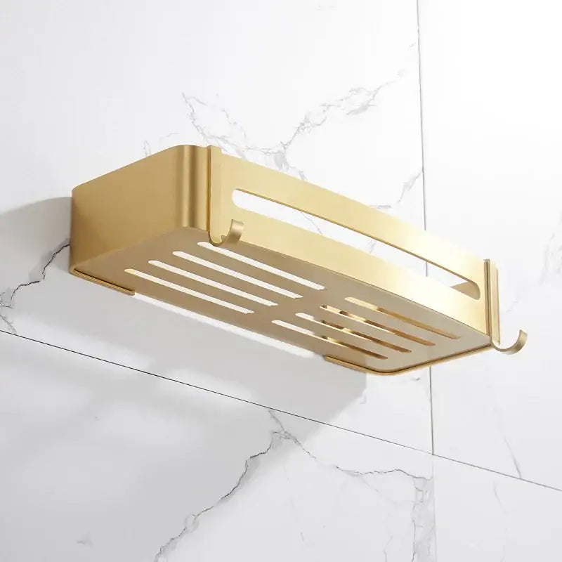 Brushed gold aluminum 2 tier corner shower shelf with slatted design and hook for bathroom organization decorbites brushed gold