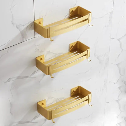Brushed gold aluminum 2 tier corner shower shelf with hooks by decorbites featuring sleek modern design