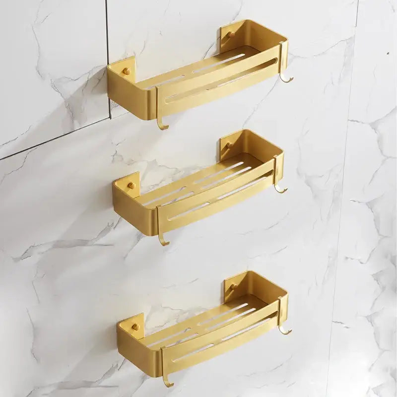 Brushed gold aluminum 2 tier corner shower shelf with integrated hooks for bathroom storage by decorbites brushed gold