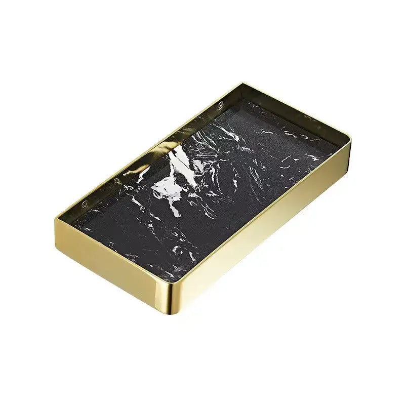 Rectangular corner shelf with black marble surface and brushed gold rim for decorbites brushed gold bathroom storage organizer