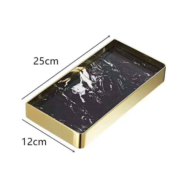 Rectangular corner shelf with black and white marble patterned surface and brushed gold bathroom metal frame by decorbites