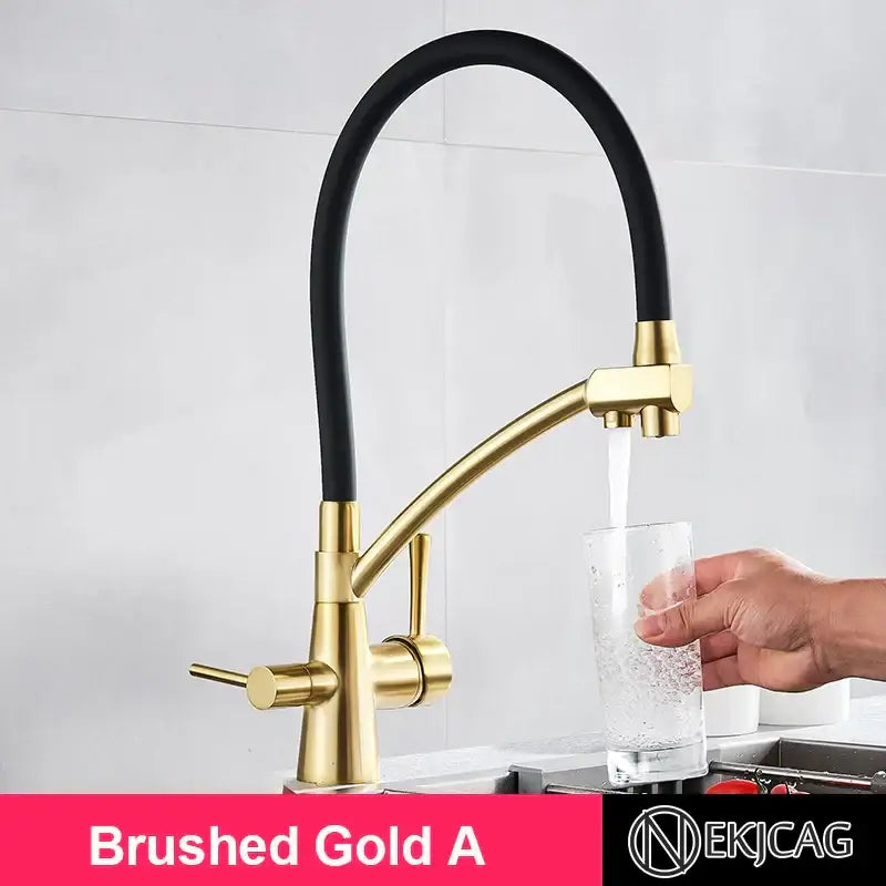 Brushed gold kitchen faucet with dual handles, black flexible hose, and filter for modern decorbites brushed gold decor