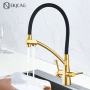 Brushed gold kitchen faucet with black flexible hose dual handles and filter for modern decorbites brushed gold decor