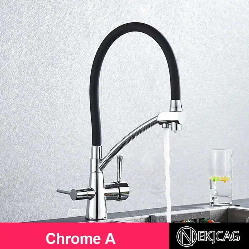Chrome finished kitchen faucet with flexible black hose dual handles for hot and cold water decorbites brushed gold kitchen accessory